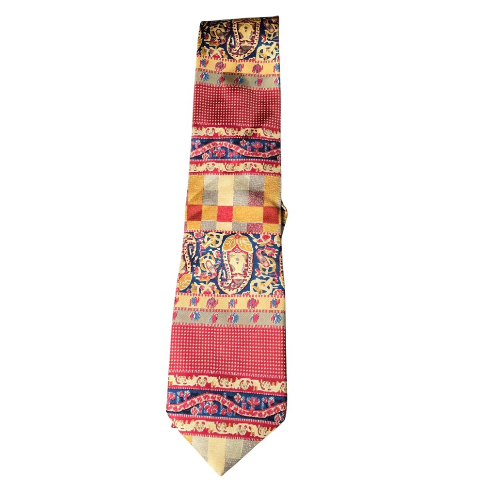 Paolo Rossini Italy Men's Tie‎ 100% Silk Paisley Geometric Patchwork Red Gold